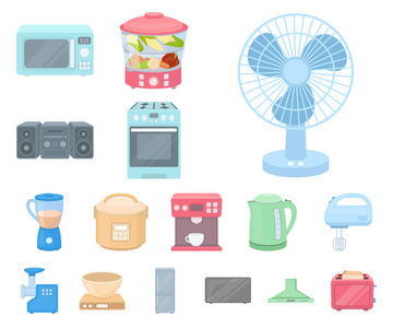 家用電器的類(lèi)型黑色圖標(biāo)集合中的設(shè)計(jì)。廚房設(shè)備矢量符號(hào)庫(kù)存 web 插圖